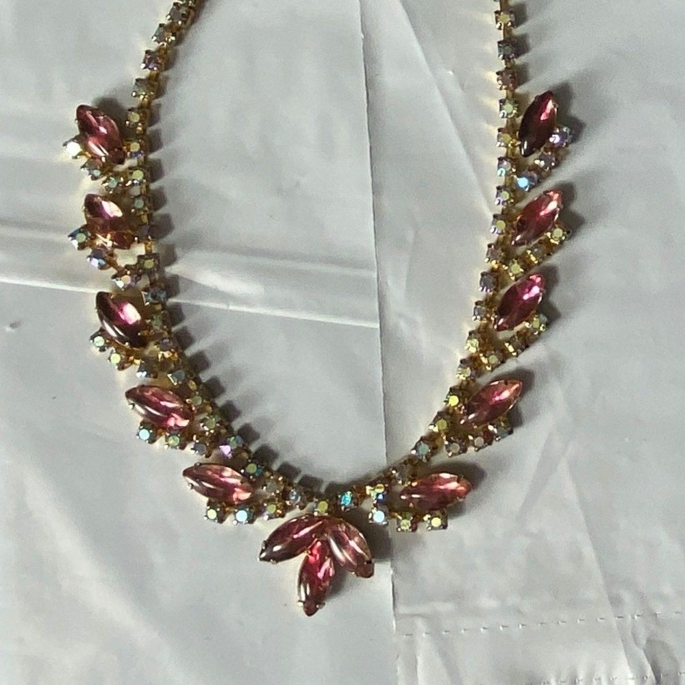 Pink Rhinestone Statement Necklace Gold Tone Marquise Crystal Adjustable